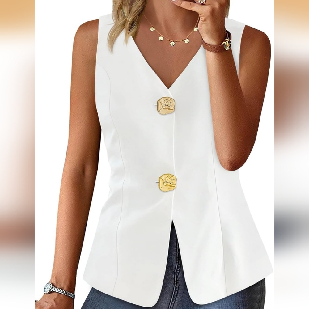 NWT Elegant White Vest Top Gold Flower Buttons Size M Business Party Vacation